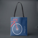 Red and White Bicycle Tote Bag<br><div class="desc">Clean and modern bicycle in red and white on a blue background complete with your name. You can change the background and text colour to customise to a different colours scheme if you like. Makes a great personalised gift for any cyclist or bicycle lover in your life. Matching products available....</div>