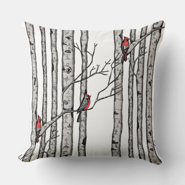 Red and White Birch Trees and Red Cardinal Birds Cushion (Front)