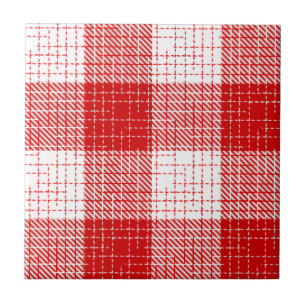 Red and White Bold Checkered Plaid Design  Ceramic Tile