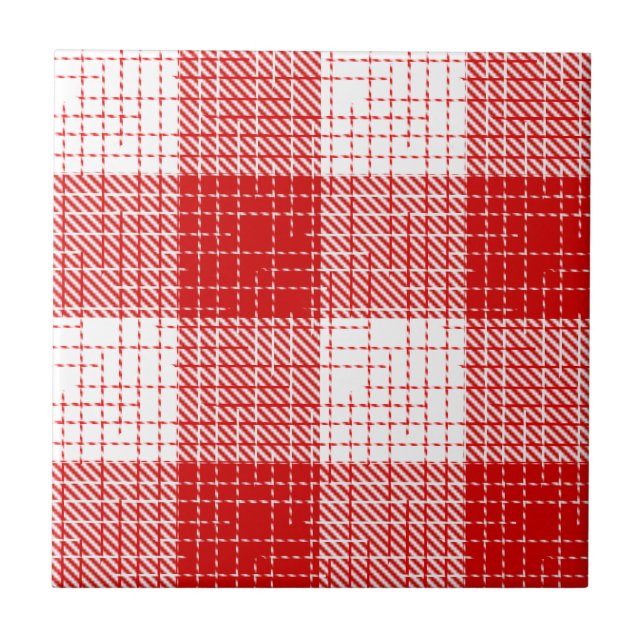 Red and White Bold Checkered Plaid Design  Ceramic Tile (Front)