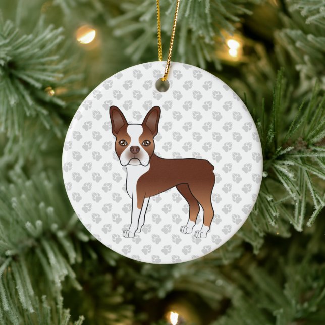 Red And White Boston Terrier Cartoon Dog & Paws Ceramic Ornament (Tree)