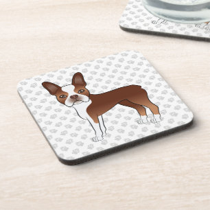Red And White Boston Terrier Cartoon Dog & Paws Coaster