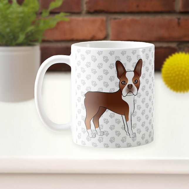 Red And White Boston Terrier Cartoon Dog & Paws Coffee Mug (Creator Uploaded)