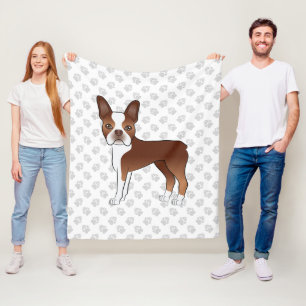 Red And White Boston Terrier Cartoon Dog & Paws Fleece Blanket