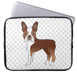 Red And White Boston Terrier Cartoon Dog & Paws Laptop Sleeve