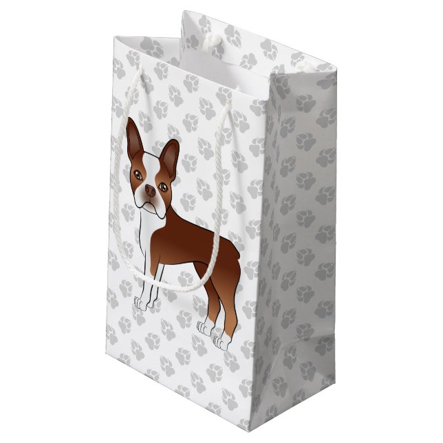 Red And White Boston Terrier Cartoon Dog & Paws Small Gift Bag