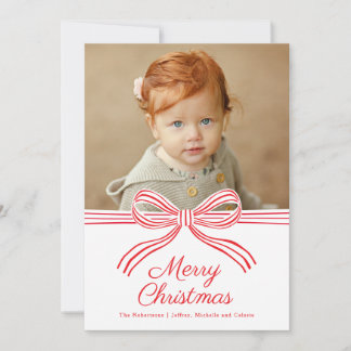 Red and White Bow Flat Christmas Photo Card
