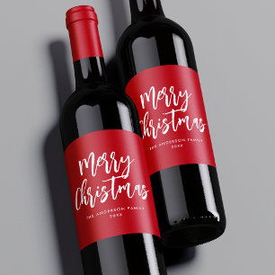 Red and White Brush Script Merry Christmas Wine Label