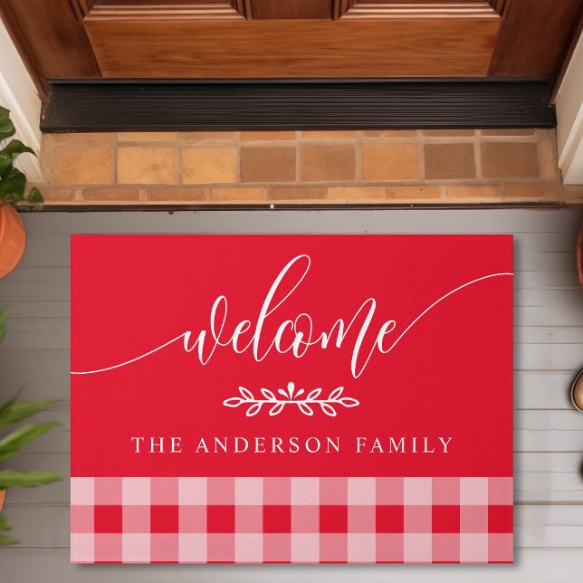 Red And White Buffalo Check Welcome Personalised Doormat (Creator Uploaded)