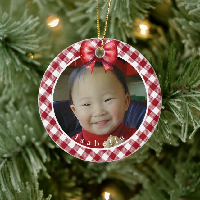 Red and White Buffalo Plaid  Personalised Photo Ceramic Ornament (Tree)