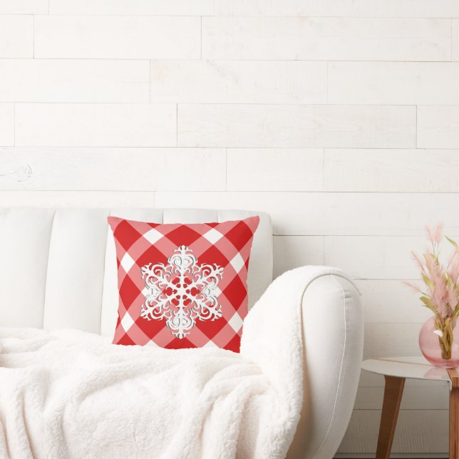 Red and White Buffalo Plaid with Snowflake Cushion (Couch)
