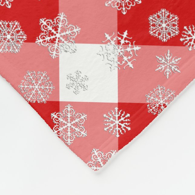 Red and White Buffalo Plaid with Snowflakes Fleece Blanket (Corner)