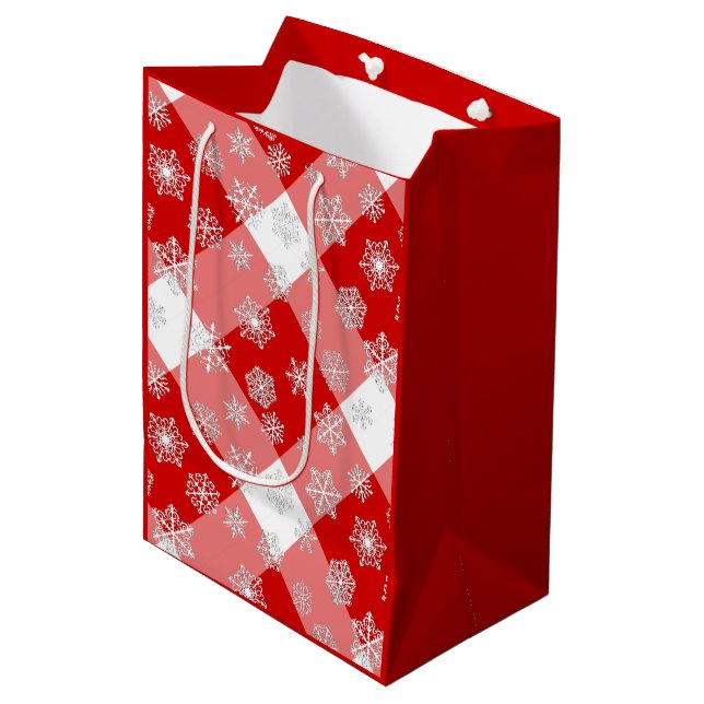 Red and White Buffalo Plaid with Snowflakes Medium Gift Bag (Front Angled)
