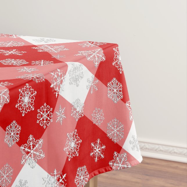 Red and White Buffalo Plaid with Snowflakes Tablecloth (In Situ)