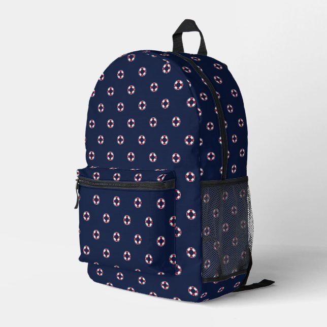 Red And White Buoy Pattern Printed Backpack (Back Corner Right)