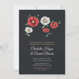 Red and White Camellia Branch Charcoal Wedding Invitation
