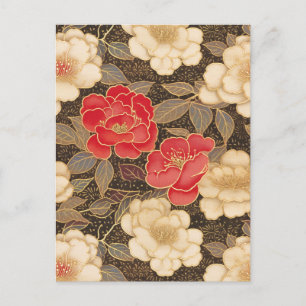 Red and White Camellias Chiyogami Postcard
