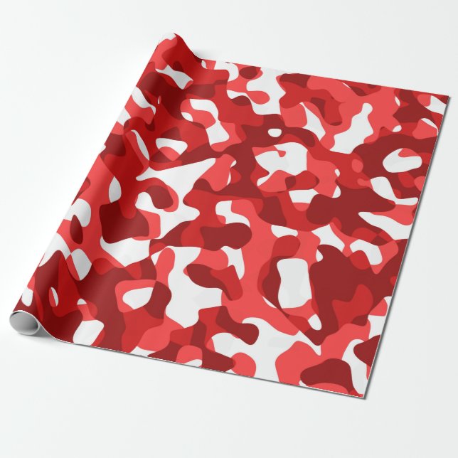 Red and White Camouflage Print Pattern Wrapping Paper (Unrolled)