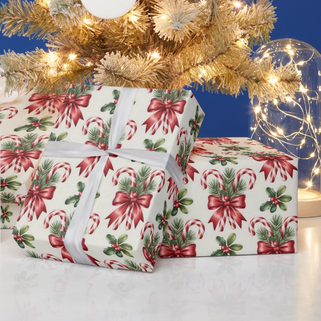 Red and White Candy Cane Ribbon Christmas Pattern Wrapping Paper (Holidays)
