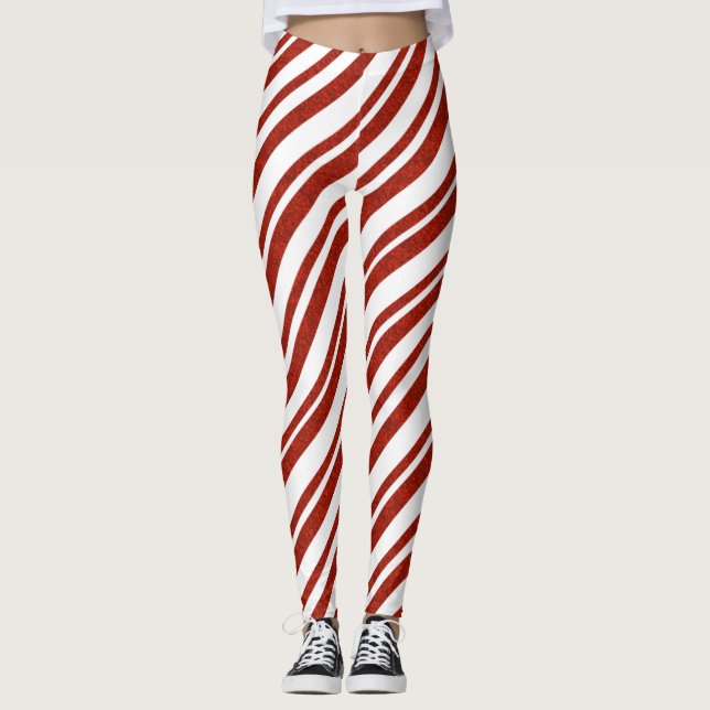 Red and White Candy Cane Striped Leggings (Front)