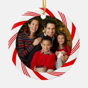 Red and White Candy Cane Swirl Photo Ceramic Ornament