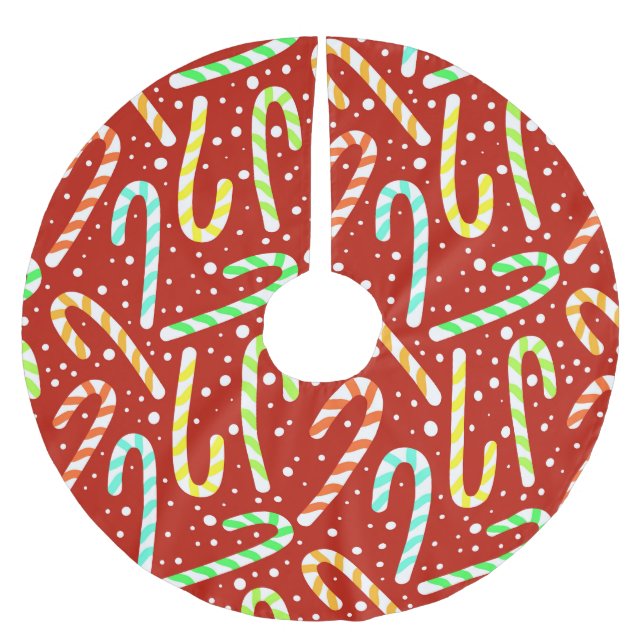 Red and White Candy Canes and Snow Brushed Polyester Tree Skirt (Front)