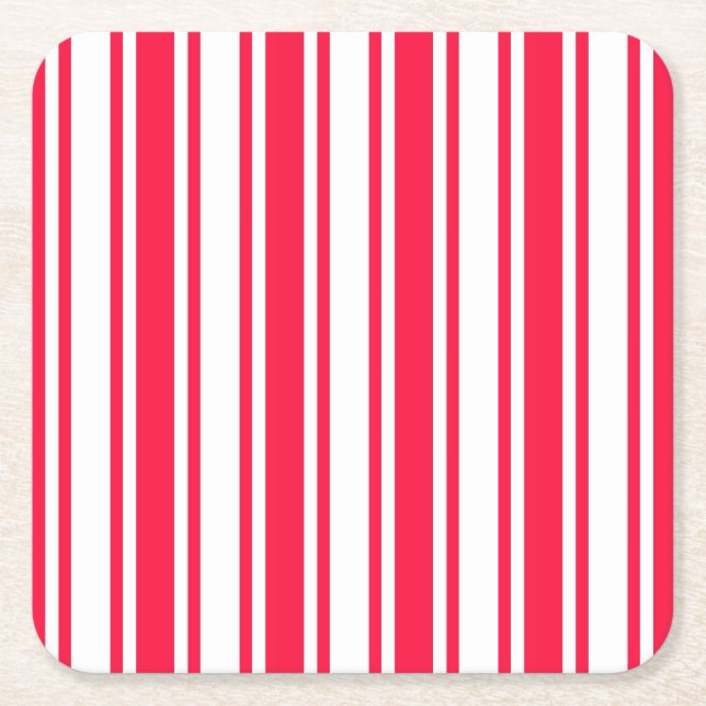Red and white candy stripes square paper coaster (Front)