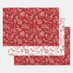 Red and White Cardinal, Pinecones & Winter Berries Wrapping Paper Sheet