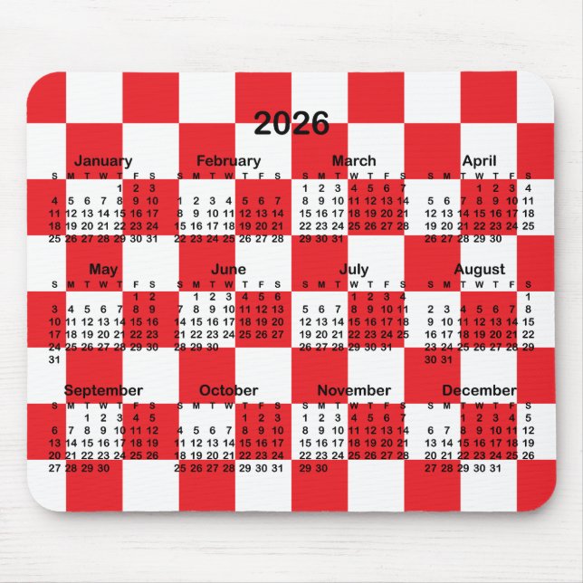 Red and White Checkerboard 2026 Calendar Mouse Pad (Front)