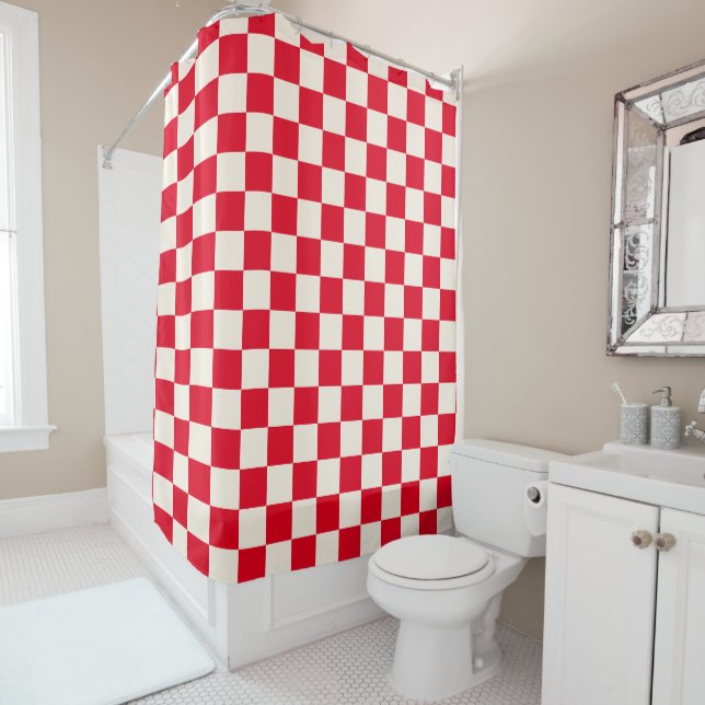 red and white Checkerboard Check Checkered Shower Curtain (In Situ)
