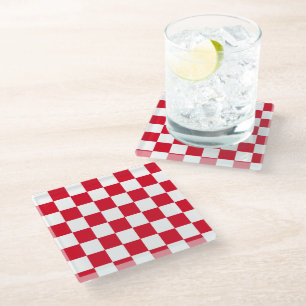 Red and White Chequerboard Pattern Glass Coaster