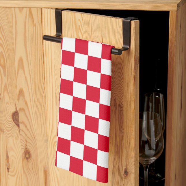 Red and White Chequerboard Pattern  Tea Towel (Thirds Fold)