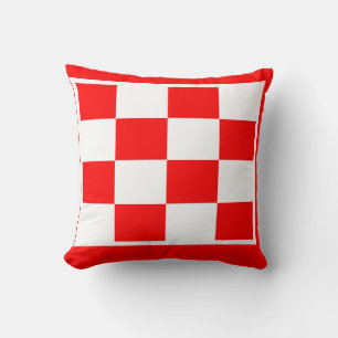 red and white chequered board pattern cushion