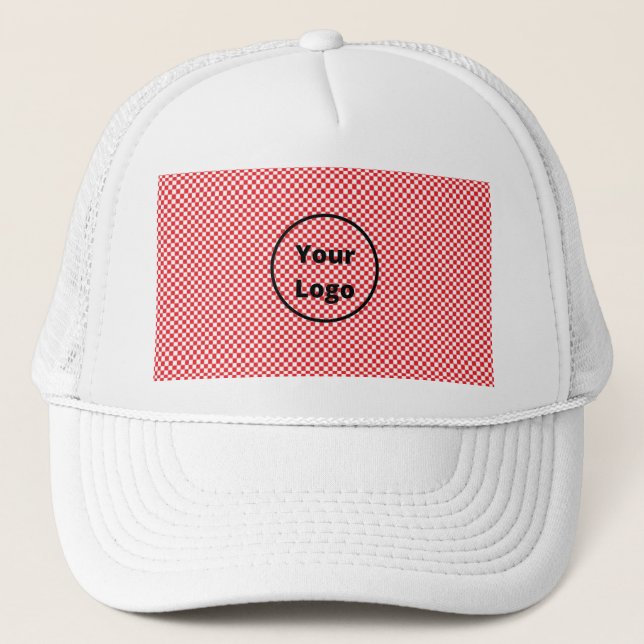 Red and white chequered board pattern trucker hat (Front)