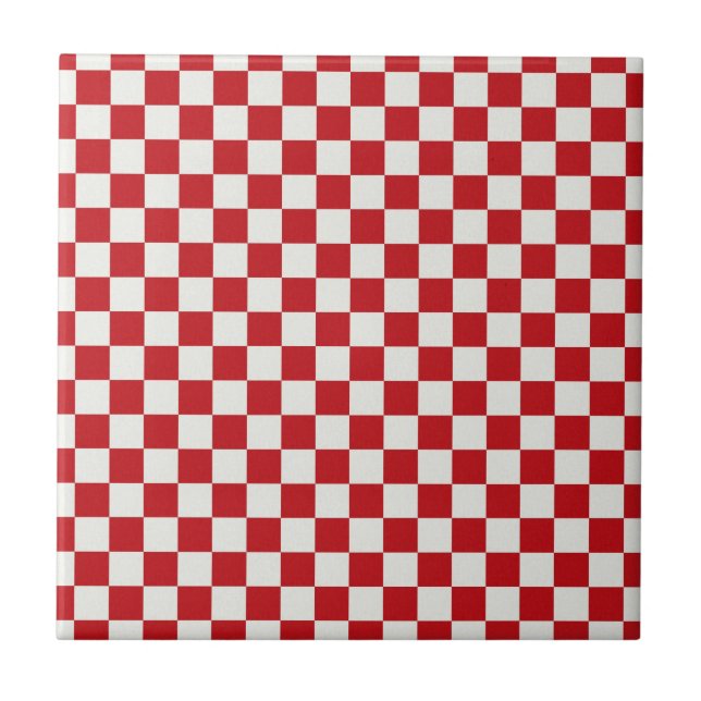 Red and White Chequered Pattern Country BBQ Colour Ceramic Tile (Front)