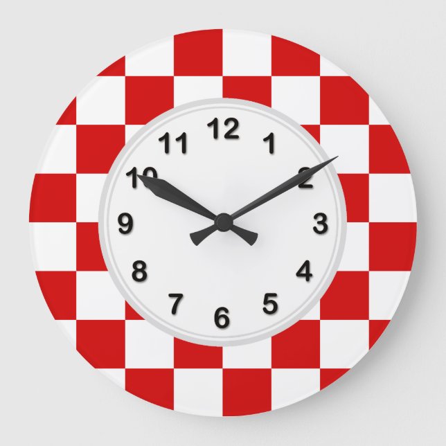 Red and White Chequered Pattern Large Clock (Front)