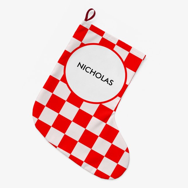 Red and White Chequered Pattern Personalised Large Christmas Stocking (Front (Hanging))