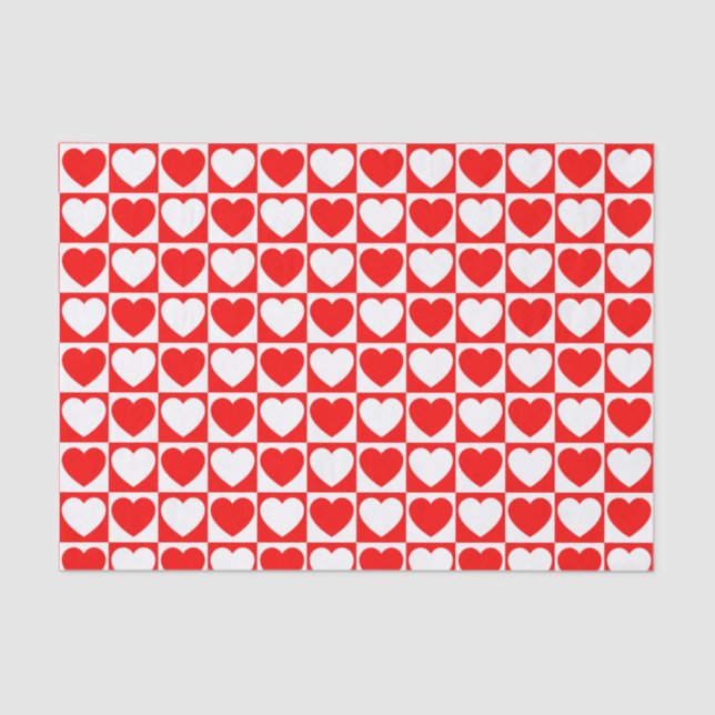 Red and White Chequered Pattern With Hearts Tissue Paper (Front)