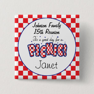 Red and White Chequered   Picnic Reunions 15 Cm Square Badge