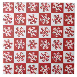 Red and White Chequered Snowflakes Ceramic Tile
