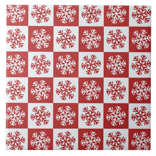 Red and White Chequered Snowflakes Ceramic Tile (Front)