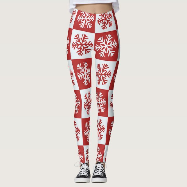 Red and White Chequered Snowflakes Leggings (Front)