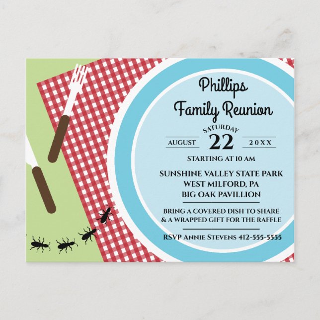 Red and White Chequered Tablecloth Family Reunion Invitation Postcard (Front)