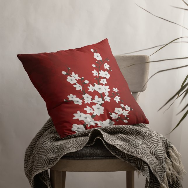 Red  And White Cherry Blossom Floral Oriental Cushion (Creator Uploaded)