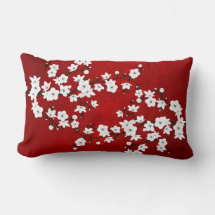 Red And White Cherry Blossoms Asia Floral Lumbar Cushion