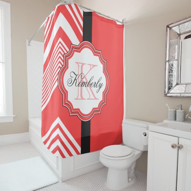 Red and White Chevron Monogram Shower Curtain (In Situ)