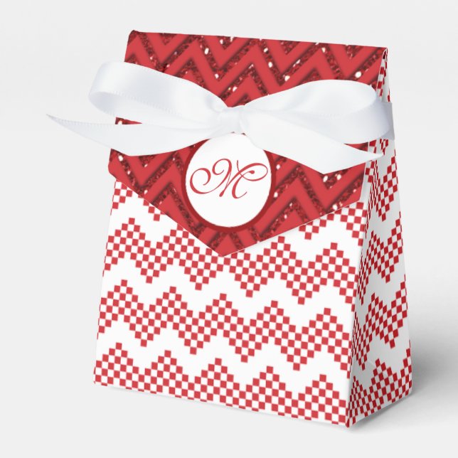Red And White Chevron Wedding Favour Monogram Gift Favour Box (Front Side)