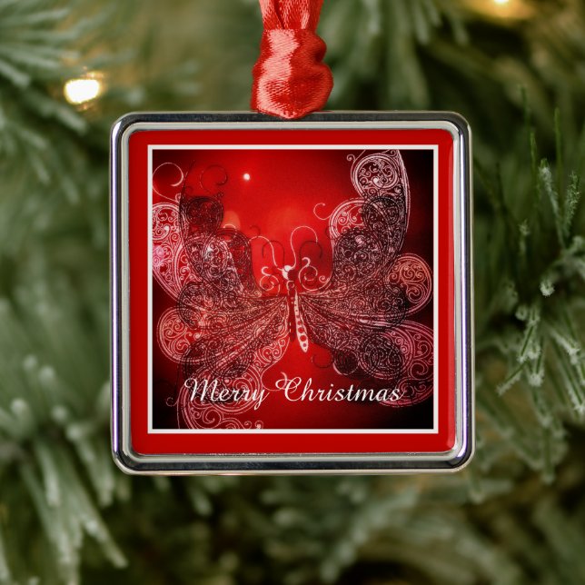 Red and white Christmas butterfly Metal Ornament (Tree)