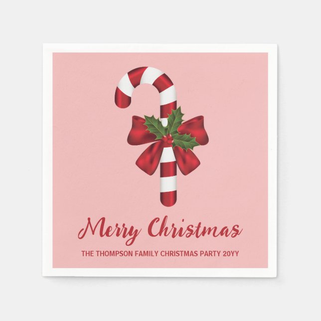 Red And White Christmas Candy Cane And Custom Text Napkin (Front)