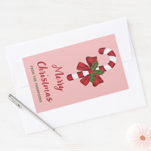 Red And White Christmas Candy Cane And Custom Text Rectangular Sticker (Envelope)